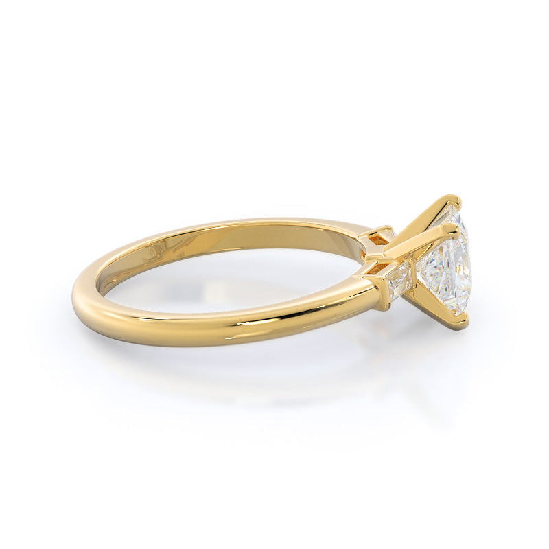 Three Stone Baguette Engagement Ring with Princess Cut Diamond in 14KT Yellow Gold view 3
