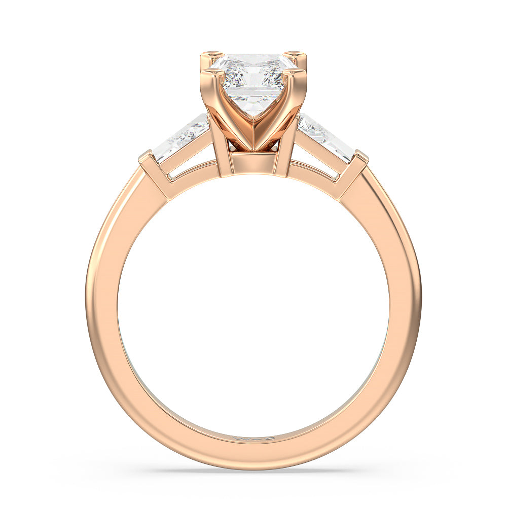 Three Stone Baguette Engagement Ring with Radiant Cut Diamond in 14KT Rose Gold view 2
