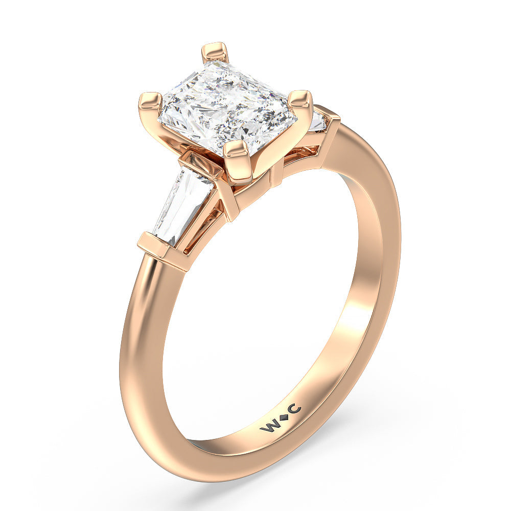 Three Stone Baguette Engagement Ring with Radiant Cut Diamond in 14KT Rose Gold view 3
