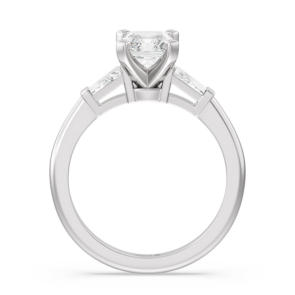 Three Stone Baguette Engagement Ring with Radiant Cut Diamond in 14KT Platinum view 2
