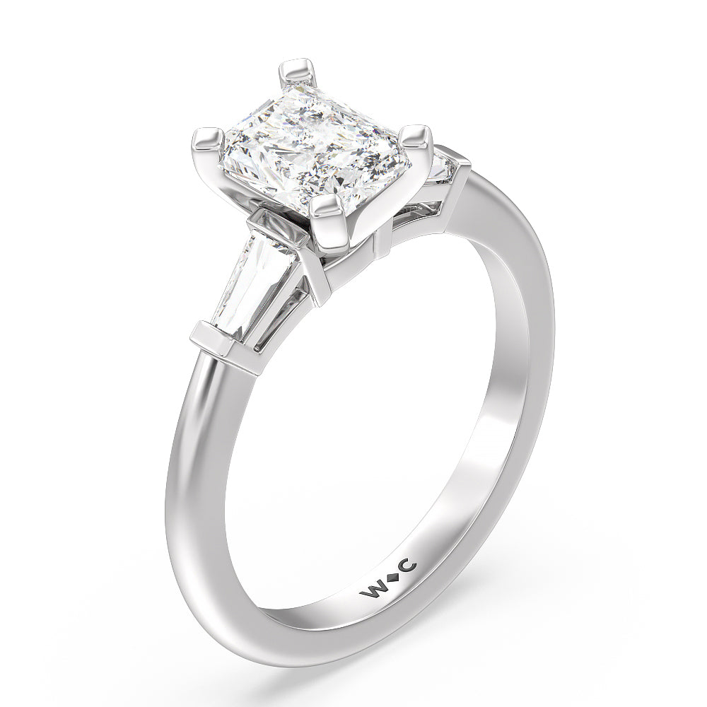 Three Stone Baguette Engagement Ring with Radiant Cut Diamond in 14KT Platinum view 3
