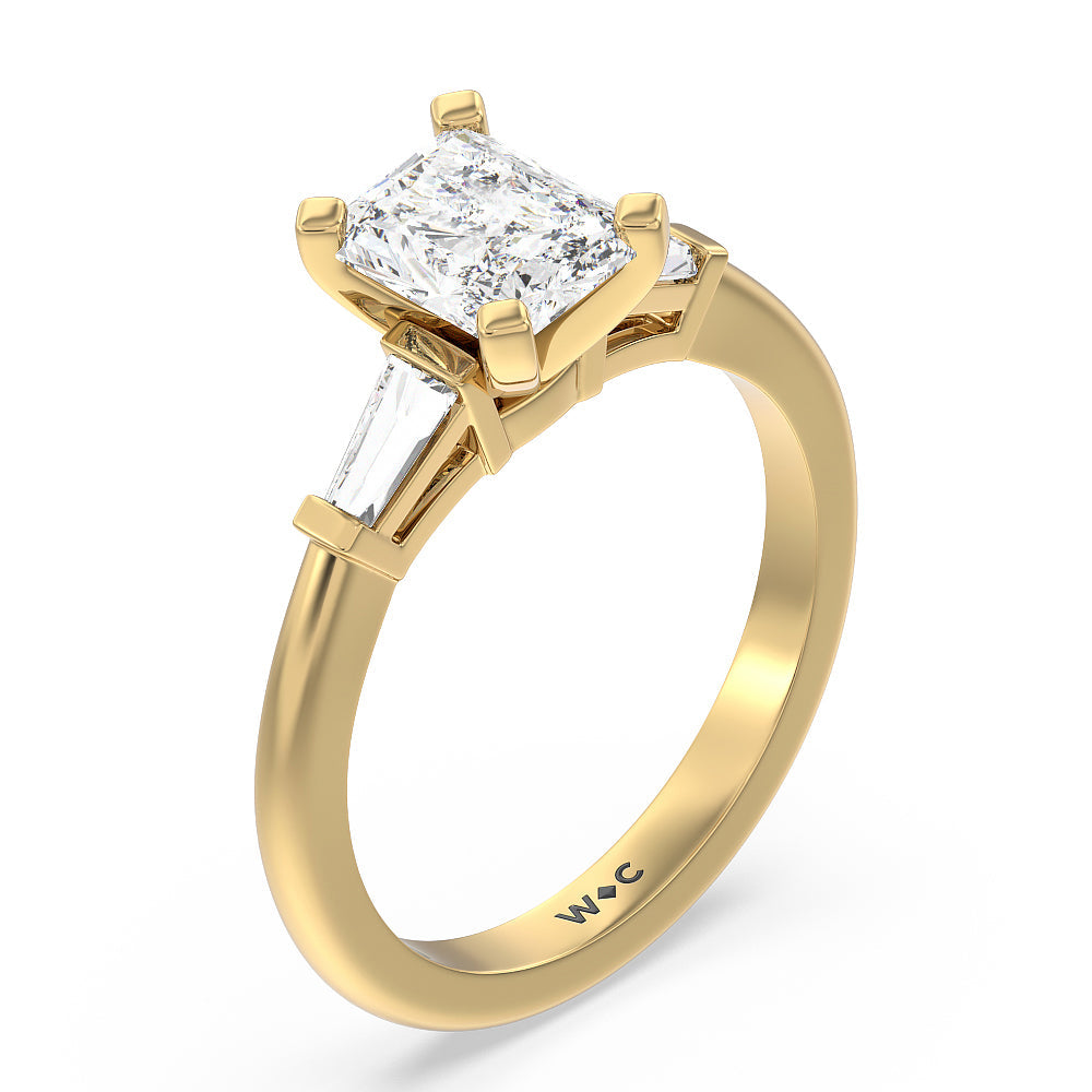 Three Stone Baguette Engagement Ring with Radiant Cut Diamond in 14KT Yellow Gold view 3
