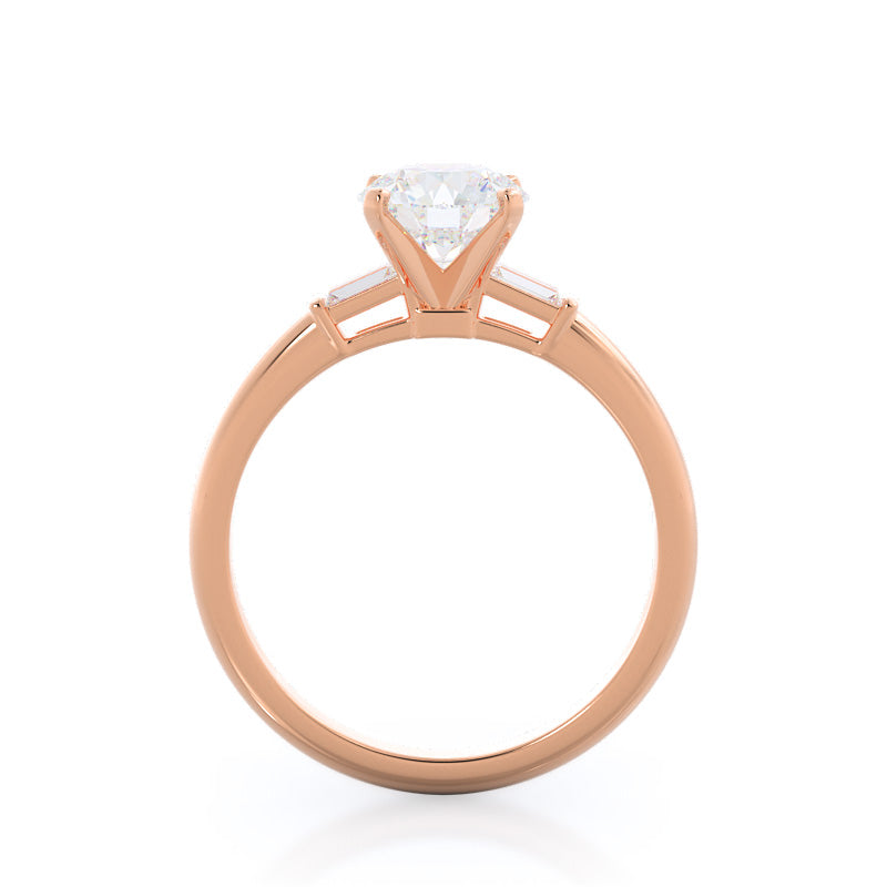 Three Stone Baguette Engagement Ring with Round Cut Diamond in 14KT Rose Gold view 2
