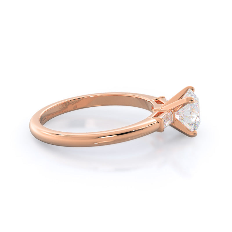 Three Stone Baguette Engagement Ring with Round Cut Diamond in 14KT Rose Gold view 3
