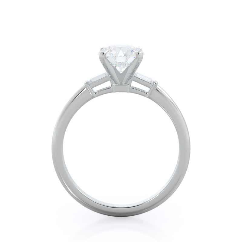 Three Stone Baguette Engagement Ring with Round Cut Diamond in 14KT Platinum view 2
