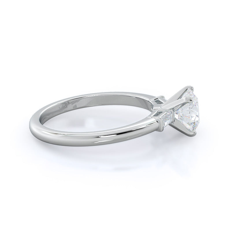 Three Stone Baguette Engagement Ring with Round Cut Diamond in 14KT Platinum view 3
