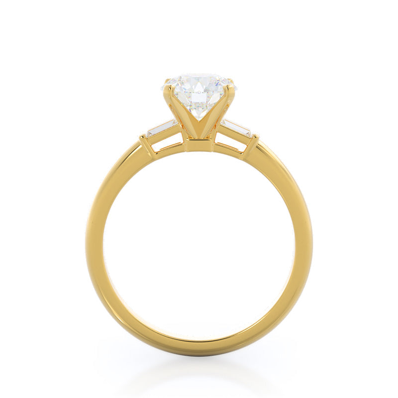 Three Stone Baguette Engagement Ring with Round Cut Diamond in 14KT Yellow Gold view 2
