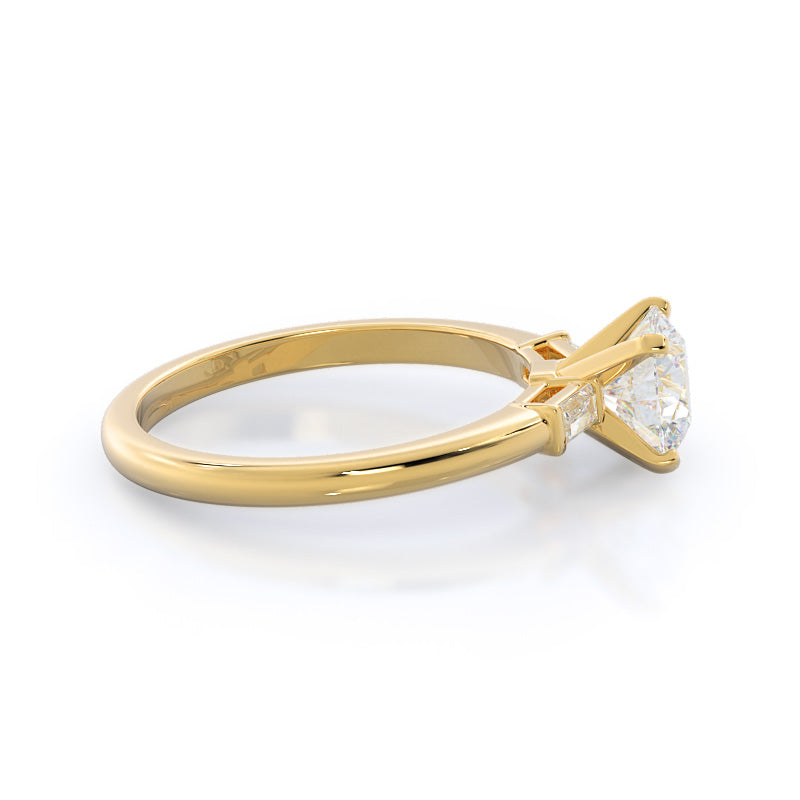 Three Stone Baguette Engagement Ring with Round Cut Diamond in 14KT Yellow Gold view 3
