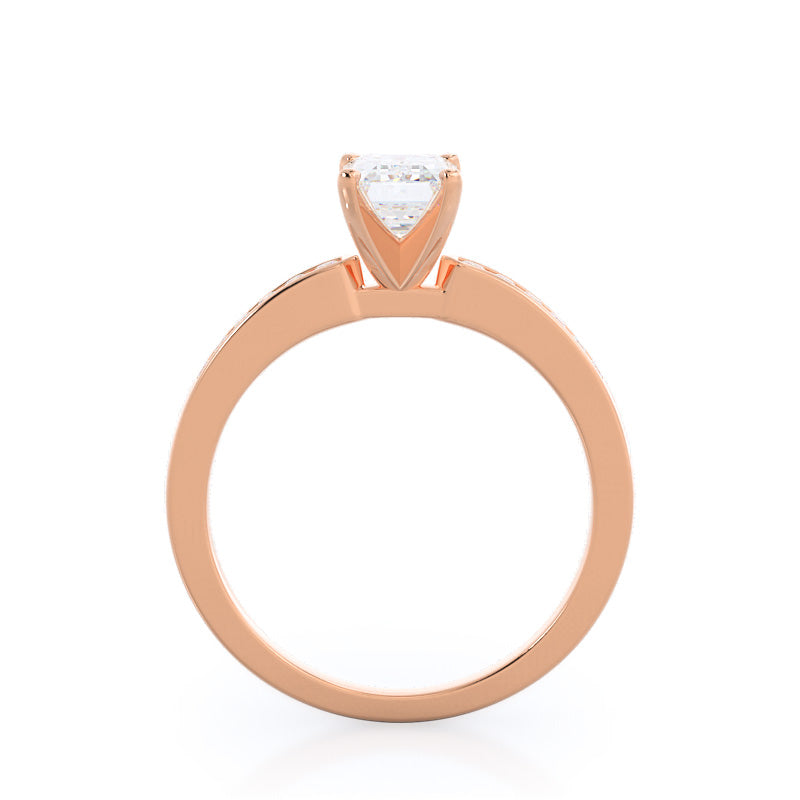 Cascading Channel Set Diamond Engagement Ring with Emerald Cut Diamond in 14KT Rose Gold view 2
