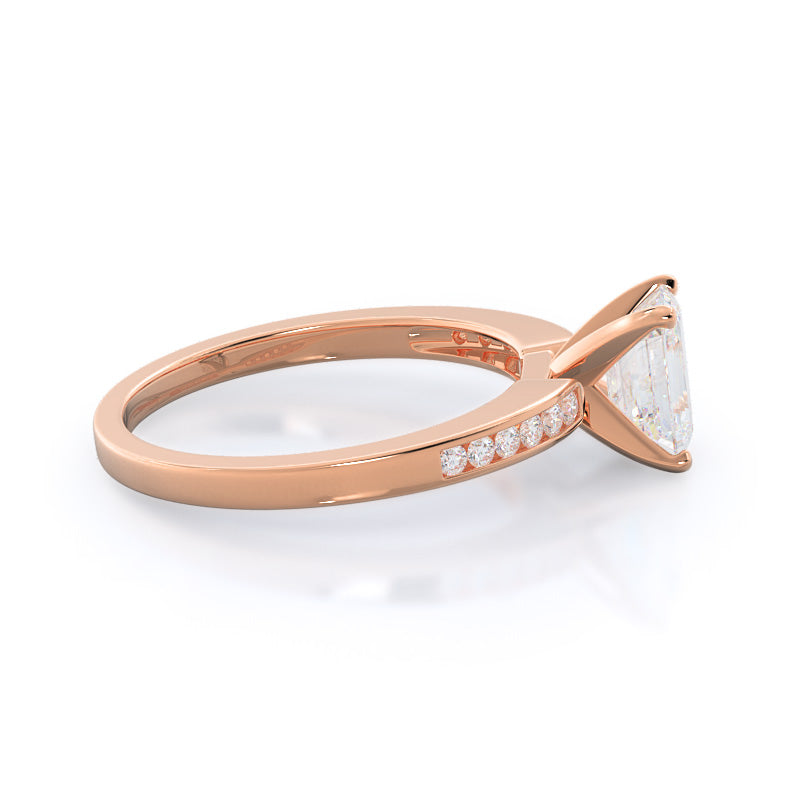 Cascading Channel Set Diamond Engagement Ring with Emerald Cut Diamond in 14KT Rose Gold view 3
