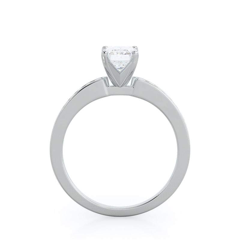 Cascading Channel Set Diamond Engagement Ring with Emerald Cut Diamond in 14KT Platinum view 2

