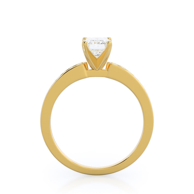 Cascading Channel Set Diamond Engagement Ring with Emerald Cut Diamond in 14KT Yellow Gold view 2
