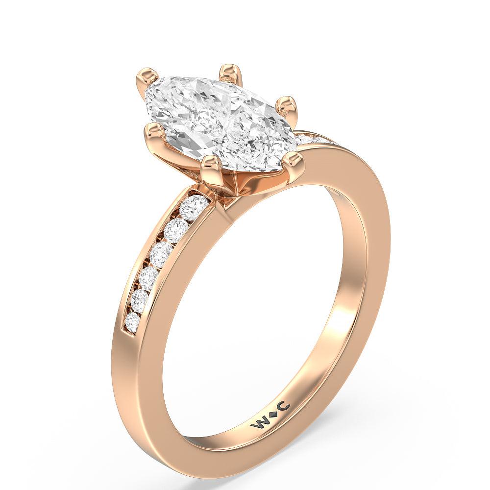 Cascading Channel Set Diamond Engagement Ring with Marquise Cut Diamond in 14KT Rose Gold view 3
