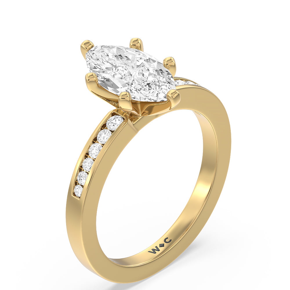 Cascading Channel Set Diamond Engagement Ring with Marquise Cut Diamond in 14KT Yellow Gold view 3
