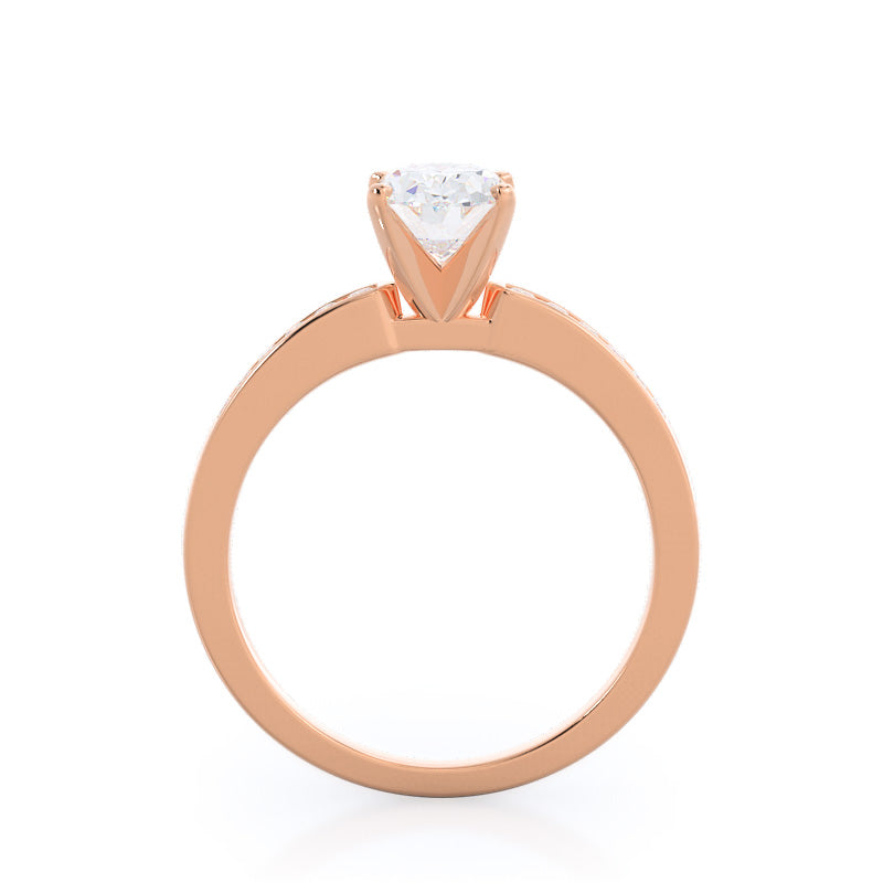 Cascading Channel Set Diamond Engagement Ring with Oval Cut Diamond in 14KT Rose Gold view 2
