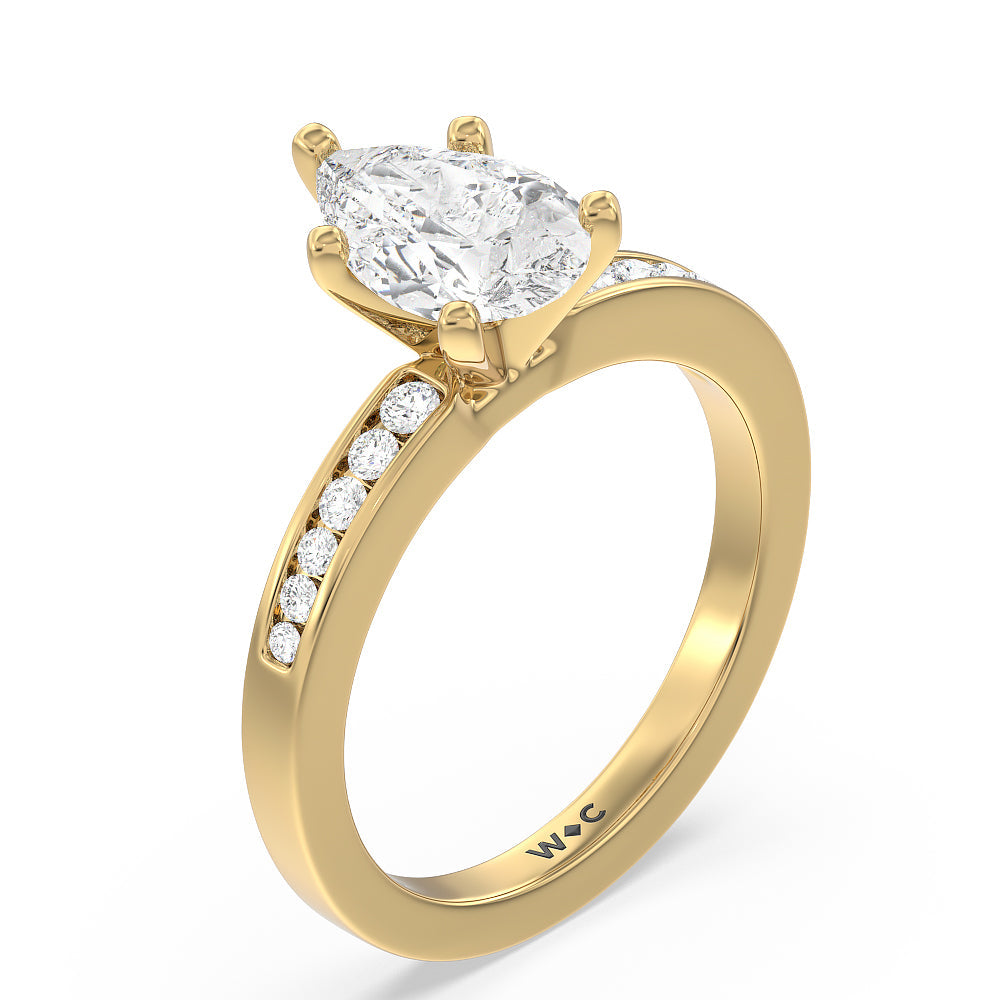 Cascading Channel Set Diamond Engagement Ring with Pear Cut Diamond in 14KT Yellow Gold view 3
