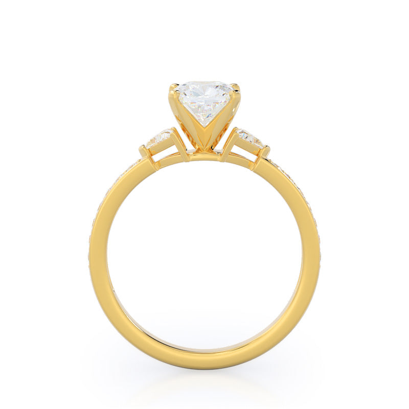 Cushion Cut Triangular Three Stone Diamond Engagement Ring with Lab Grown Diamond in 14KT Yellow Gold view 2
