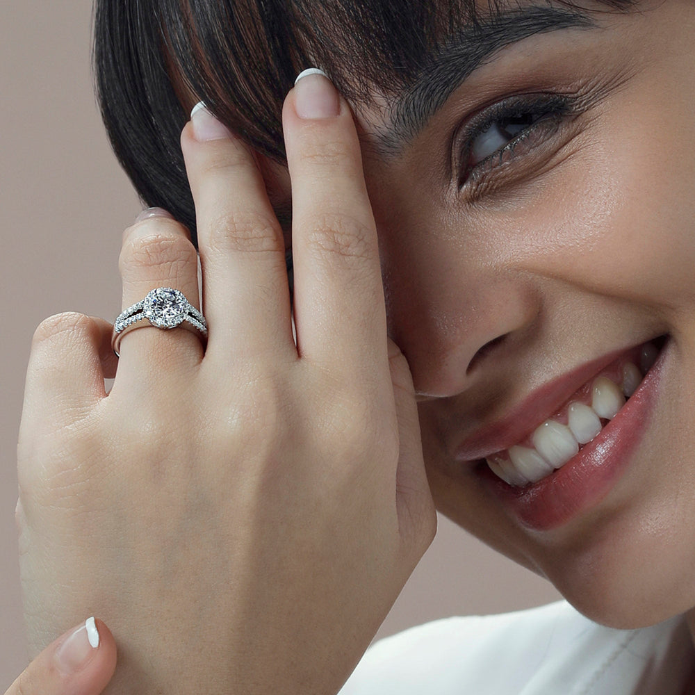 Model Wearing Split Shank Halo Engagement Ring view