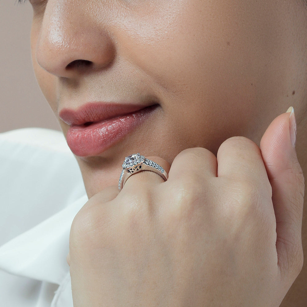 Model Wearing Split Shank Halo Engagement Ring view