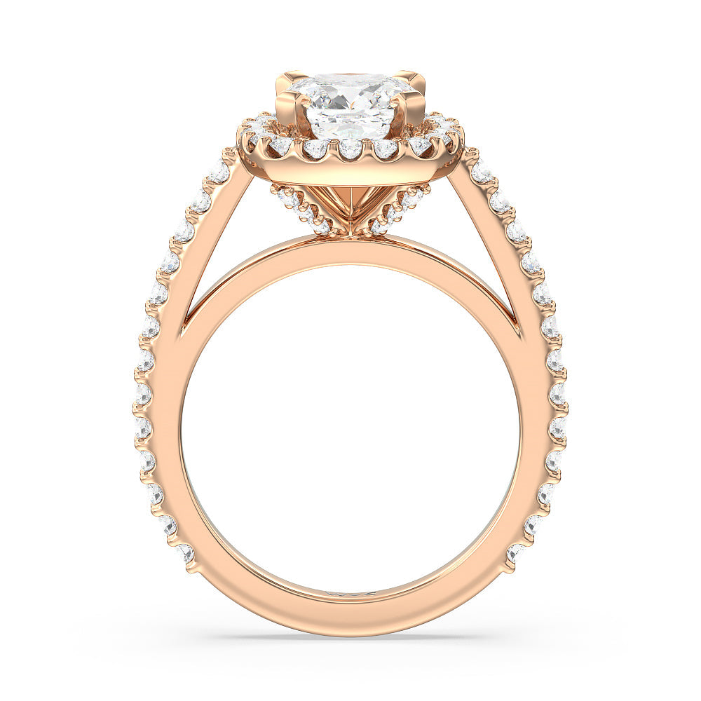 Pave Diamond Halo Engagement Ring with Cushion Cut Diamond in 14KT Rose Gold view 2
