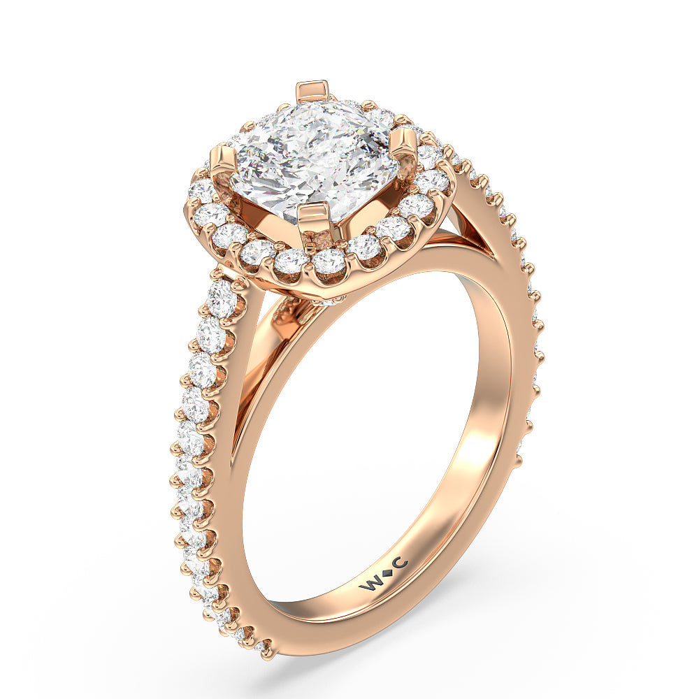 Pave Diamond Halo Engagement Ring with Cushion Cut Diamond in 14KT Rose Gold view 3
