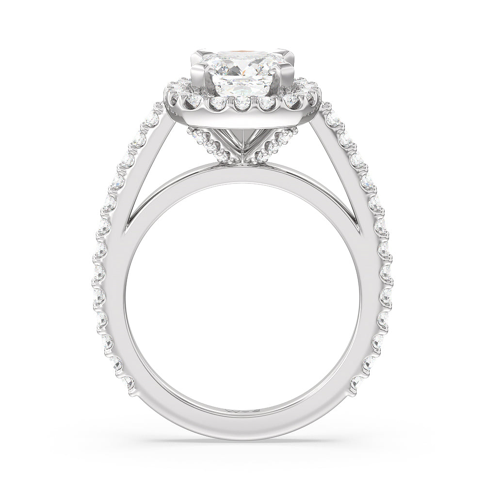 Pave Diamond Halo Engagement Ring with Cushion Cut Diamond in 14KT Platinum view 2
