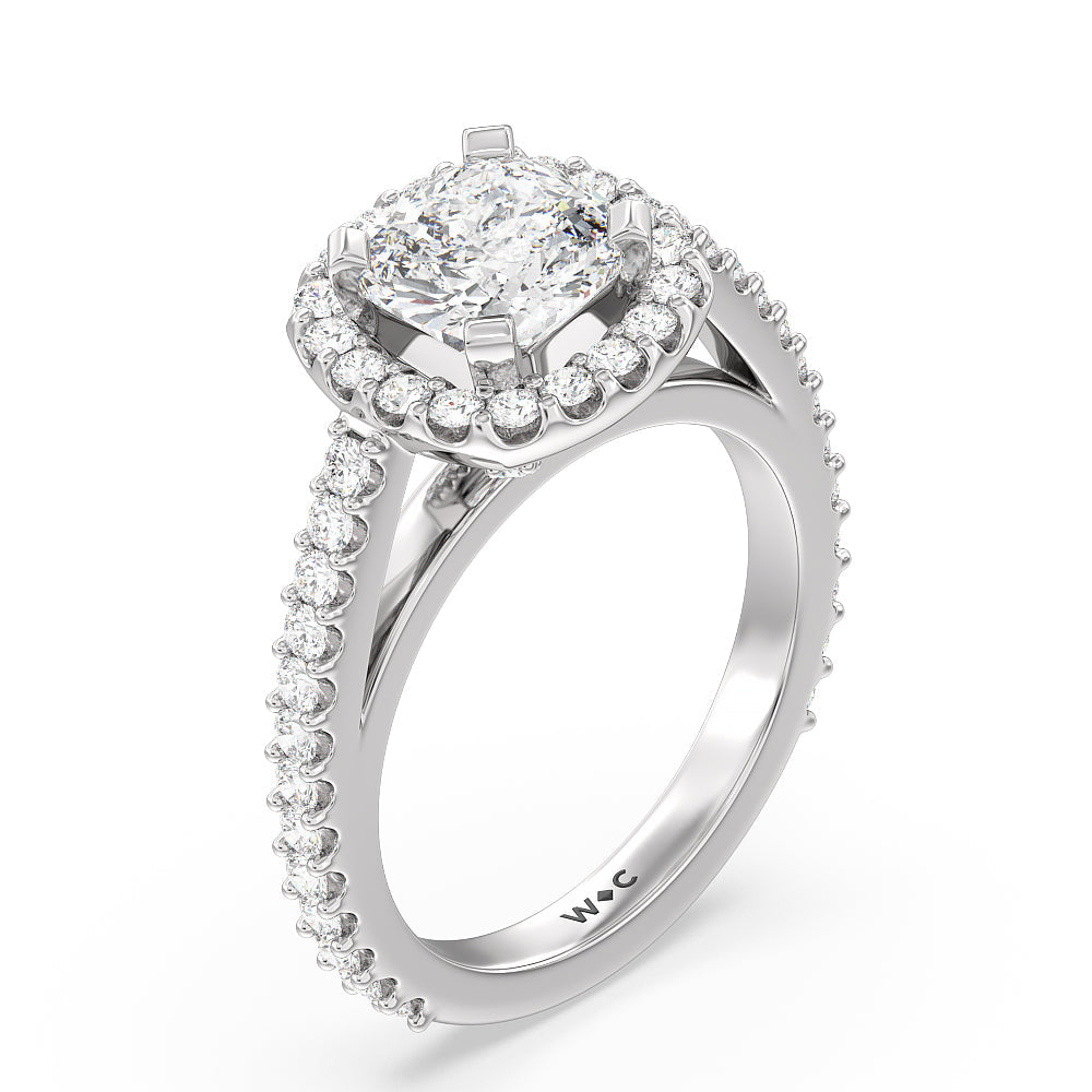 Pave Diamond Halo Engagement Ring with Cushion Cut Diamond in 14KT Platinum view 3

