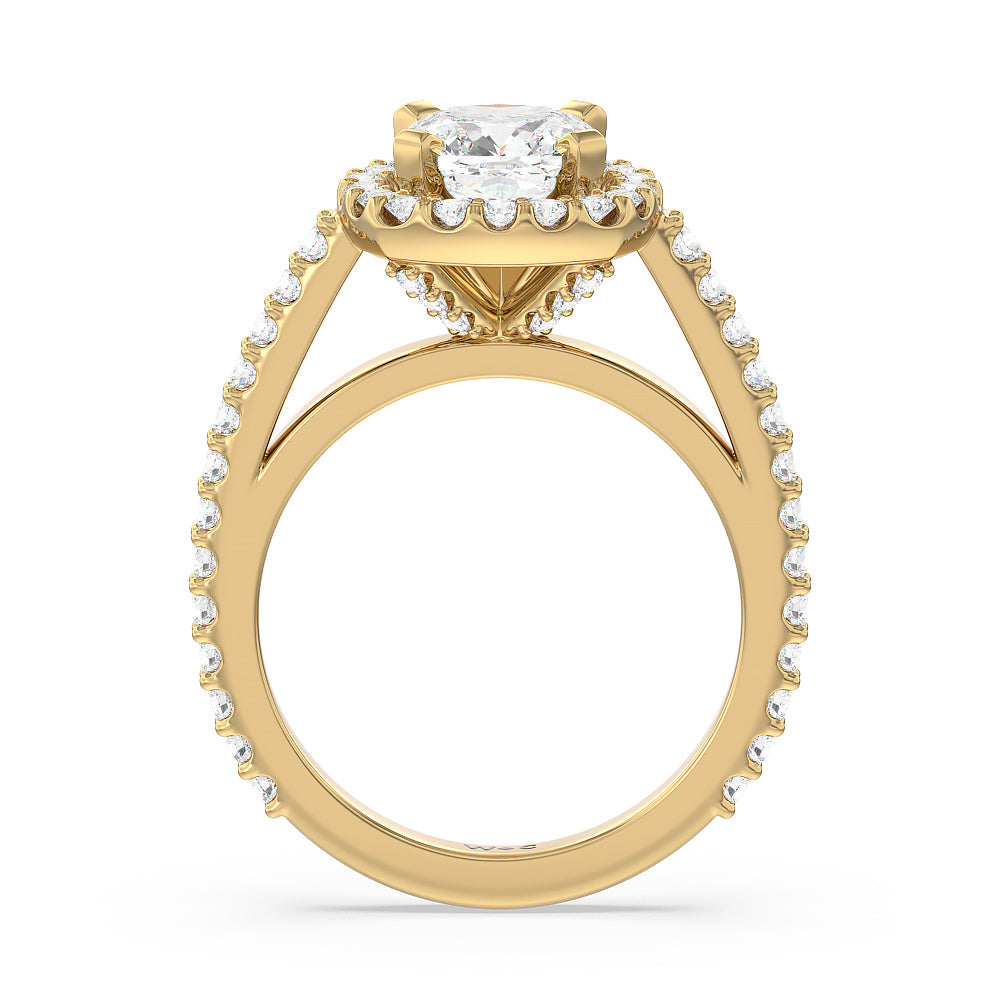 Pave Diamond Halo Engagement Ring with Cushion Cut Diamond in 14KT Yellow Gold view 2
