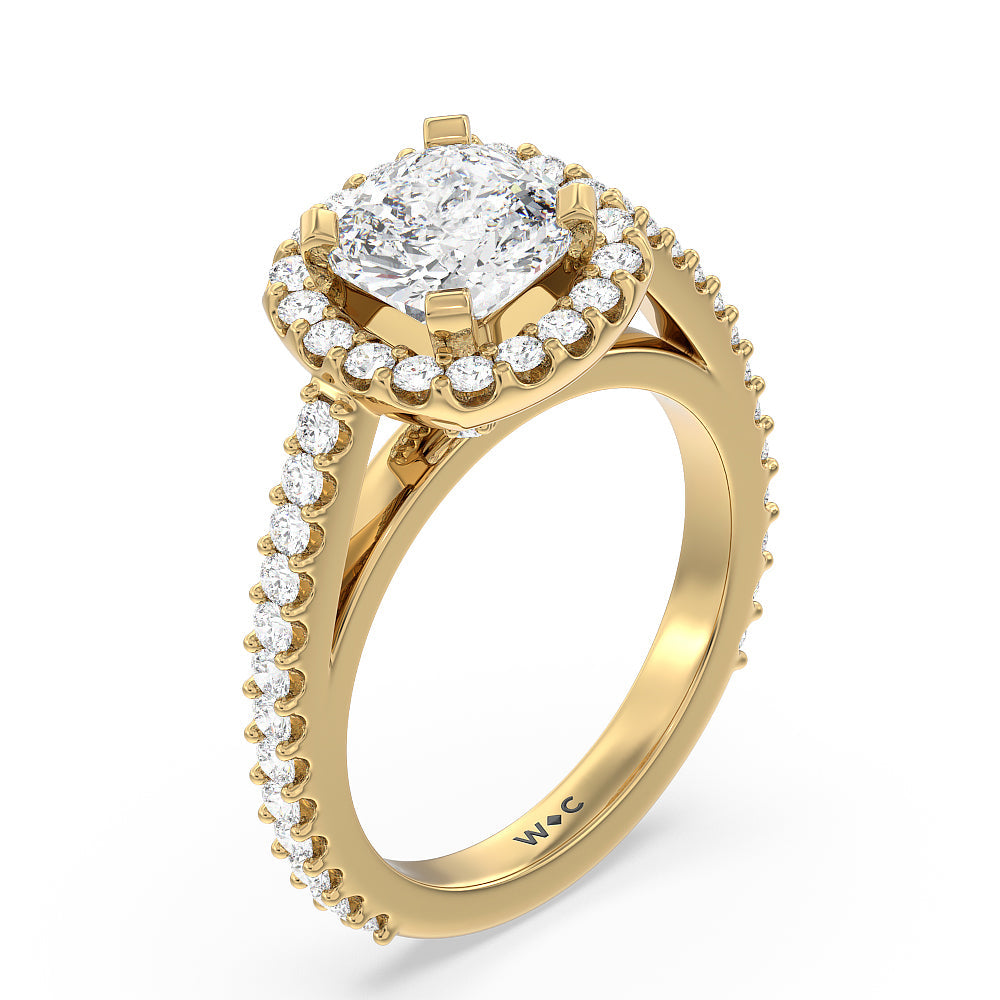 Pave Diamond Halo Engagement Ring with Cushion Cut Diamond in 14KT Yellow Gold view 3
