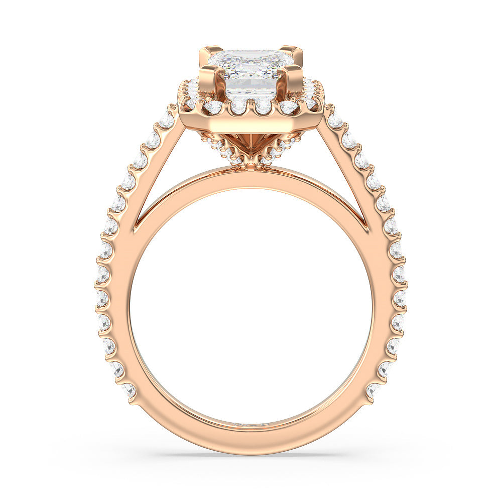 Pave Diamond Halo Engagement Ring with Emerald Cut Diamond in 14KT Rose Gold view 2
