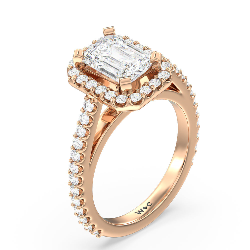Pave Diamond Halo Engagement Ring with Emerald Cut Diamond in 14KT Rose Gold view 3
