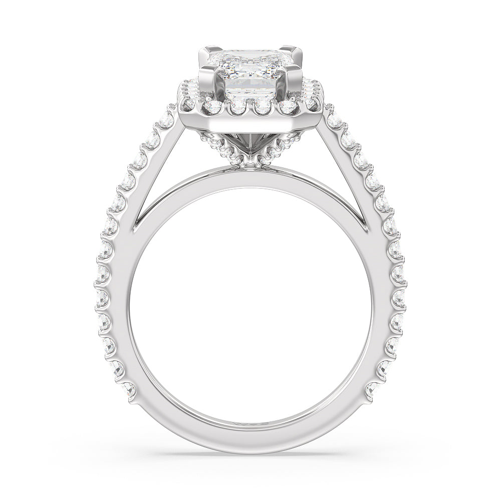 Pave Diamond Halo Engagement Ring with Emerald Cut Diamond in 14KT Platinum view 2
