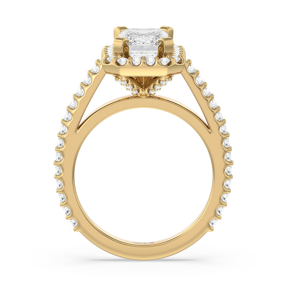 Pave Diamond Halo Engagement Ring with Emerald Cut Diamond in 14KT Yellow Gold view 2
