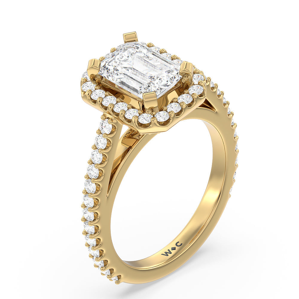 Pave Diamond Halo Engagement Ring with Emerald Cut Diamond in 14KT Yellow Gold view 3
