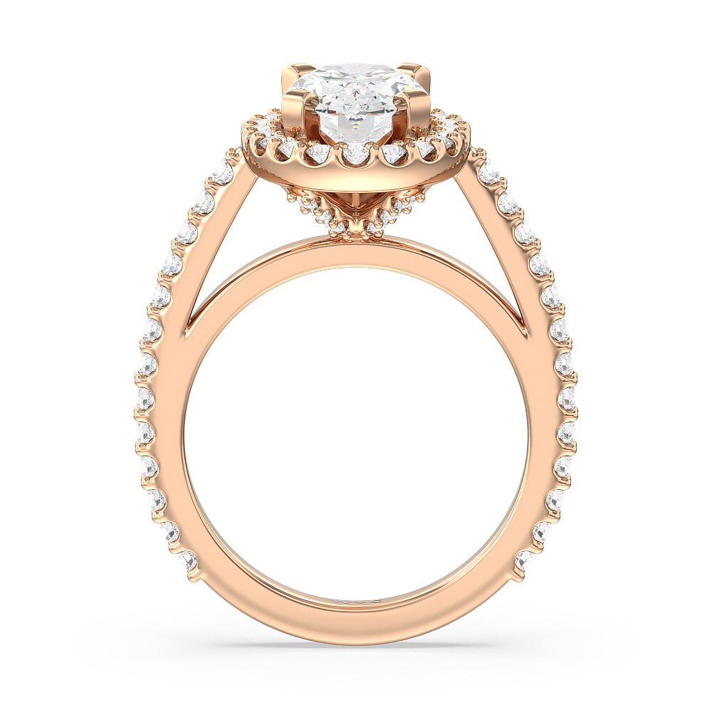 Pave Diamond Halo Engagement Ring with Oval Cut Diamond in 14KT Rose Gold view 2
