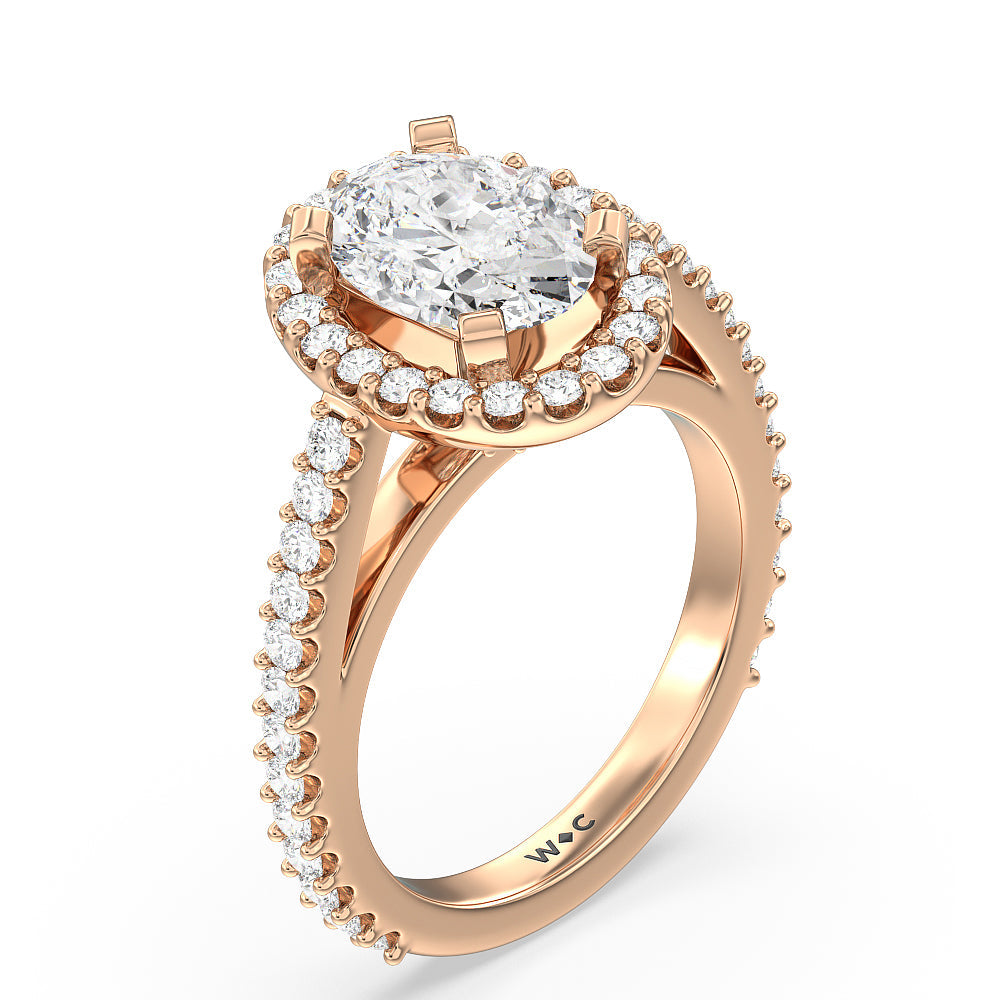 Pave Diamond Halo Engagement Ring with Oval Cut Diamond in 14KT Rose Gold view 3
