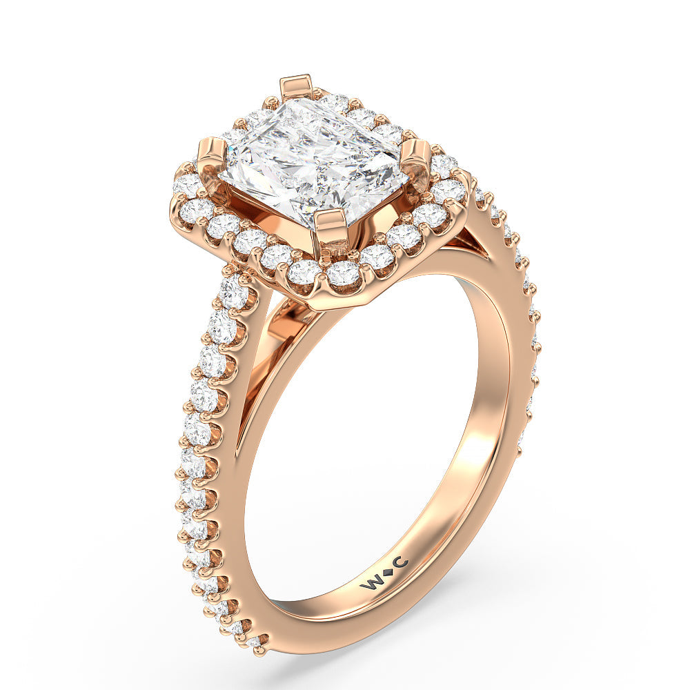 Pave Diamond Halo Engagement Ring with Radiant Cut Diamond in 14KT Rose Gold view 3
