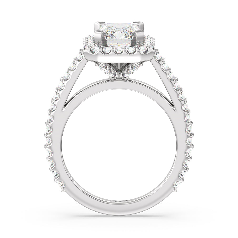 Pave Diamond Halo Engagement Ring with Radiant Cut Diamond in 14KT Platinum view 2
