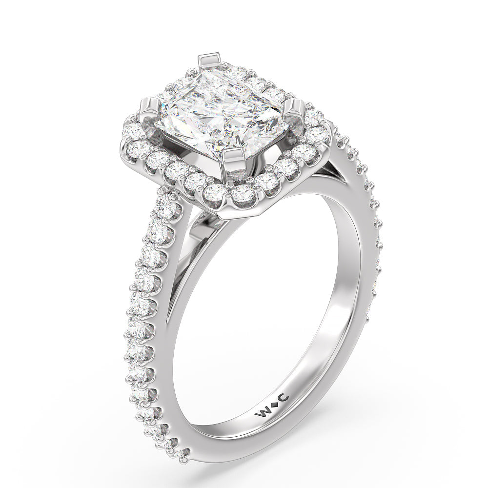 Pave Diamond Halo Engagement Ring with Radiant Cut Diamond in 14KT Platinum view 3
