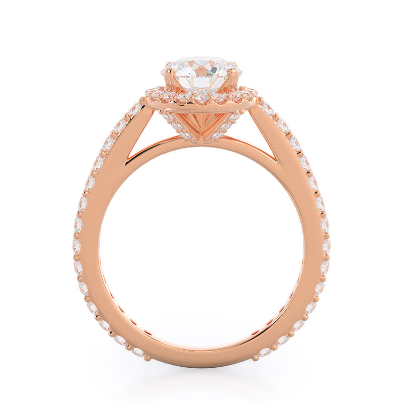 Pave Diamond Halo Engagement Ring with Round Cut Diamond in 14KT Rose Gold view 2
