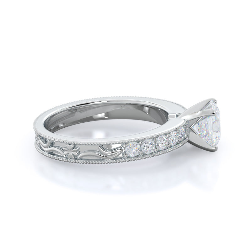 Floral Diamond Engagement Ring with Asscher Cut Diamond in 14KT Platinum view 3
