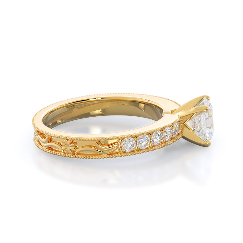 Floral Diamond Engagement Ring with Asscher Cut Diamond in 14KT Yellow Gold view 3
