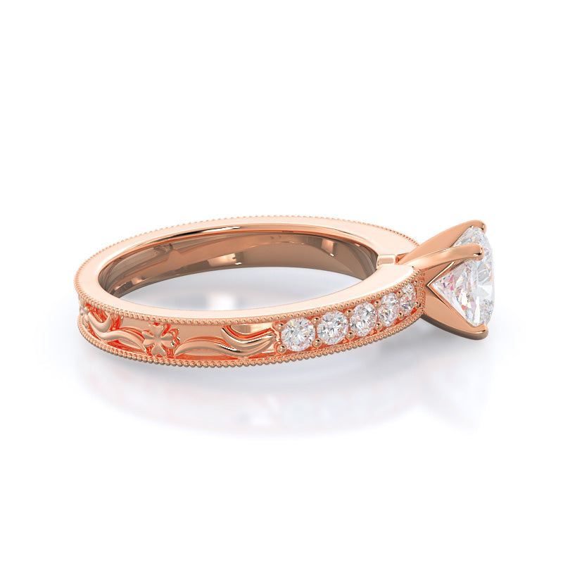 Floral Diamond Engagement Ring with Cushion Cut Diamond in 14KT Rose Gold view 3
