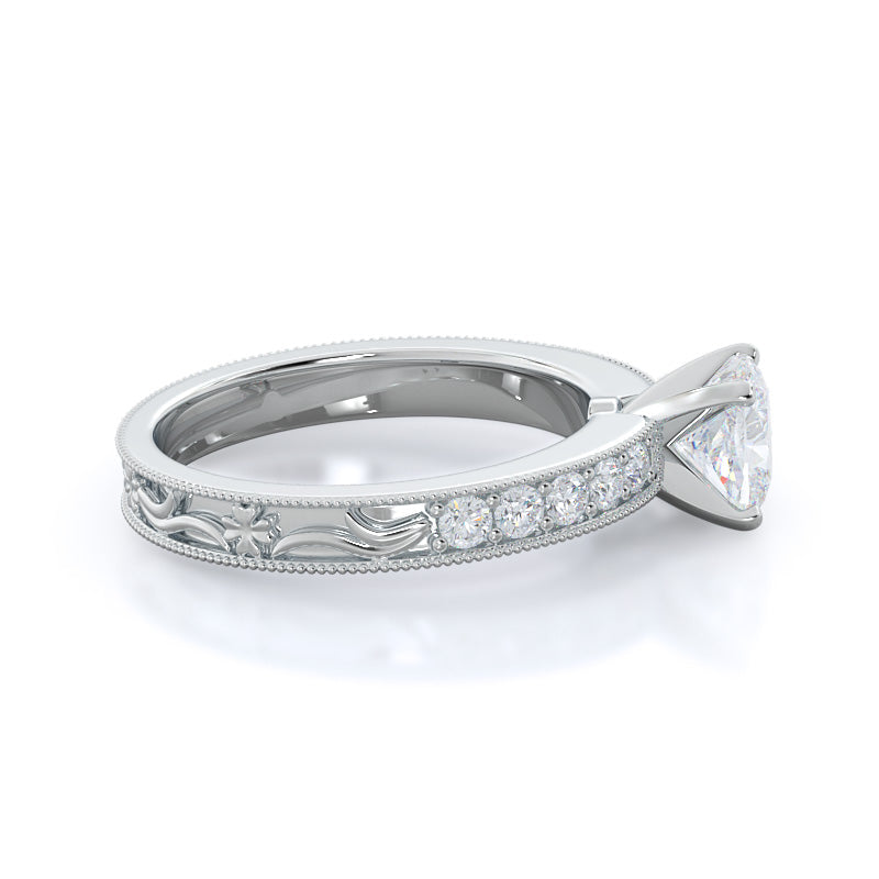 Floral Diamond Engagement Ring with Cushion Cut Diamond in 14KT Platinum view 3
