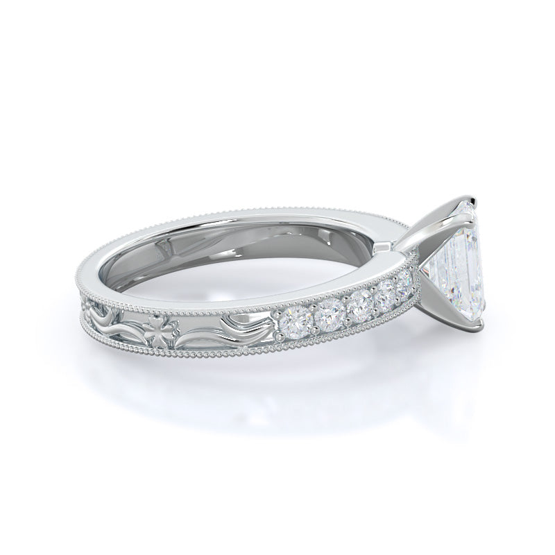 Floral Diamond Engagement Ring with Emerald Cut Diamond in 14KT Platinum view 3
