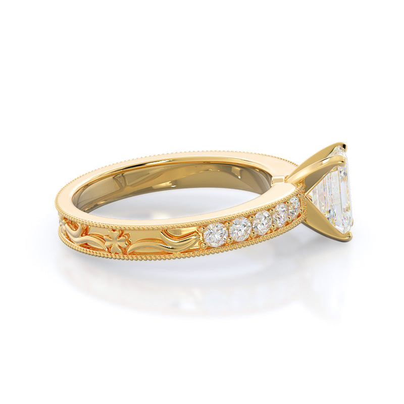 Floral Diamond Engagement Ring with Emerald Cut Diamond in 14KT Yellow Gold view 3
