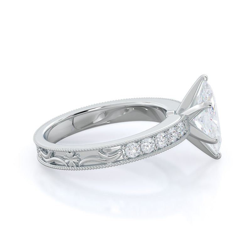 Floral Diamond Engagement Ring with Marquise Cut Diamond in 14KT Platinum view 3
