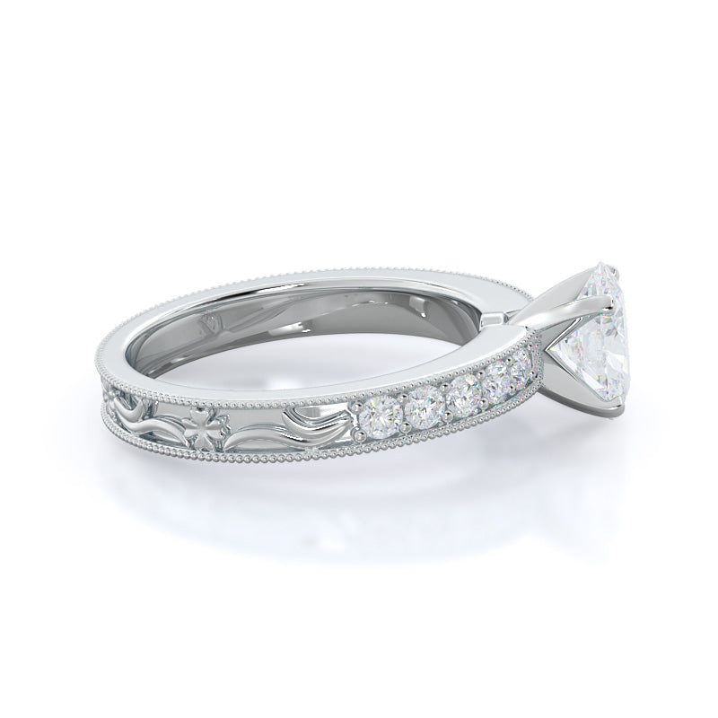 Floral Diamond Engagement Ring with Oval Cut Diamond in 14KT Platinum view 3
