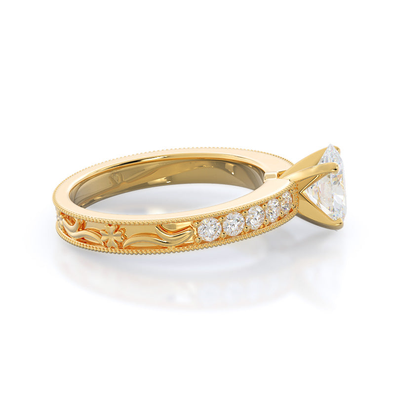 Floral Diamond Engagement Ring with Oval Cut Diamond in 14KT Yellow Gold view 3
