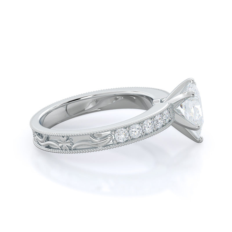 Floral Diamond Engagement Ring with Pear Cut Diamond in 14KT Platinum view 3
